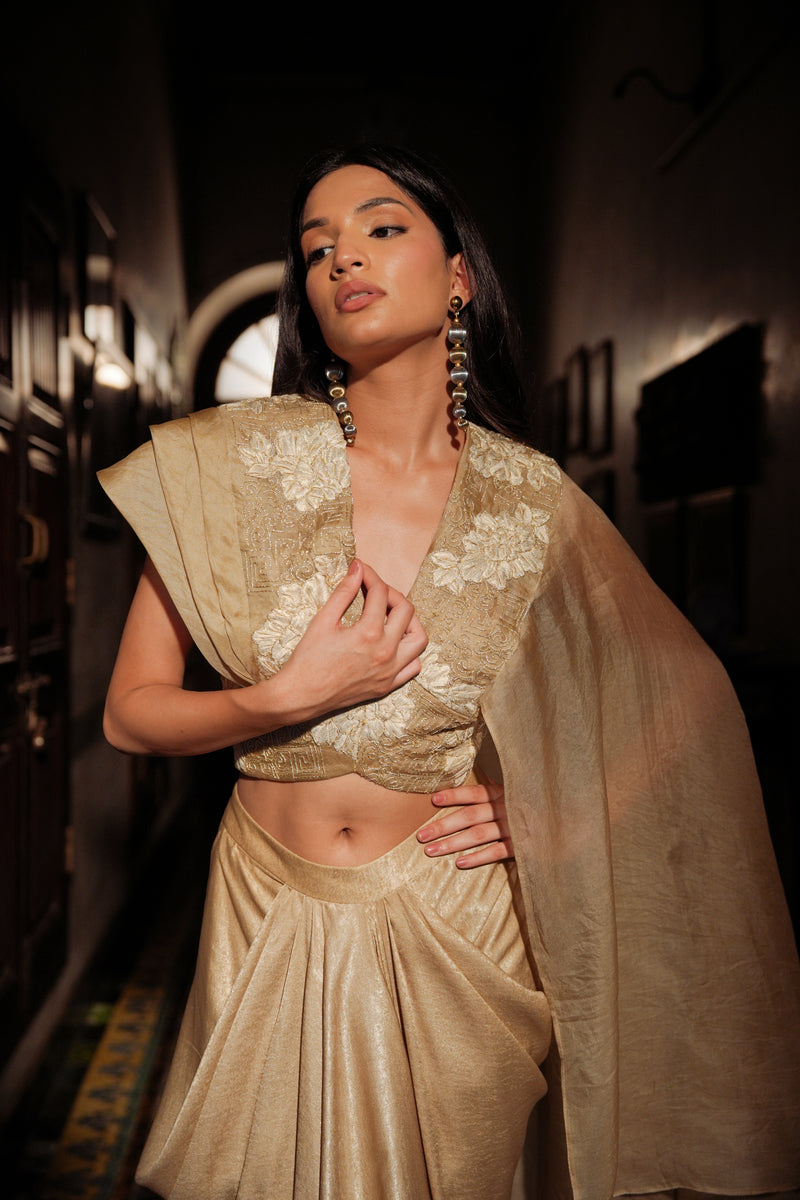 Golden Serenade Drape Saree Set